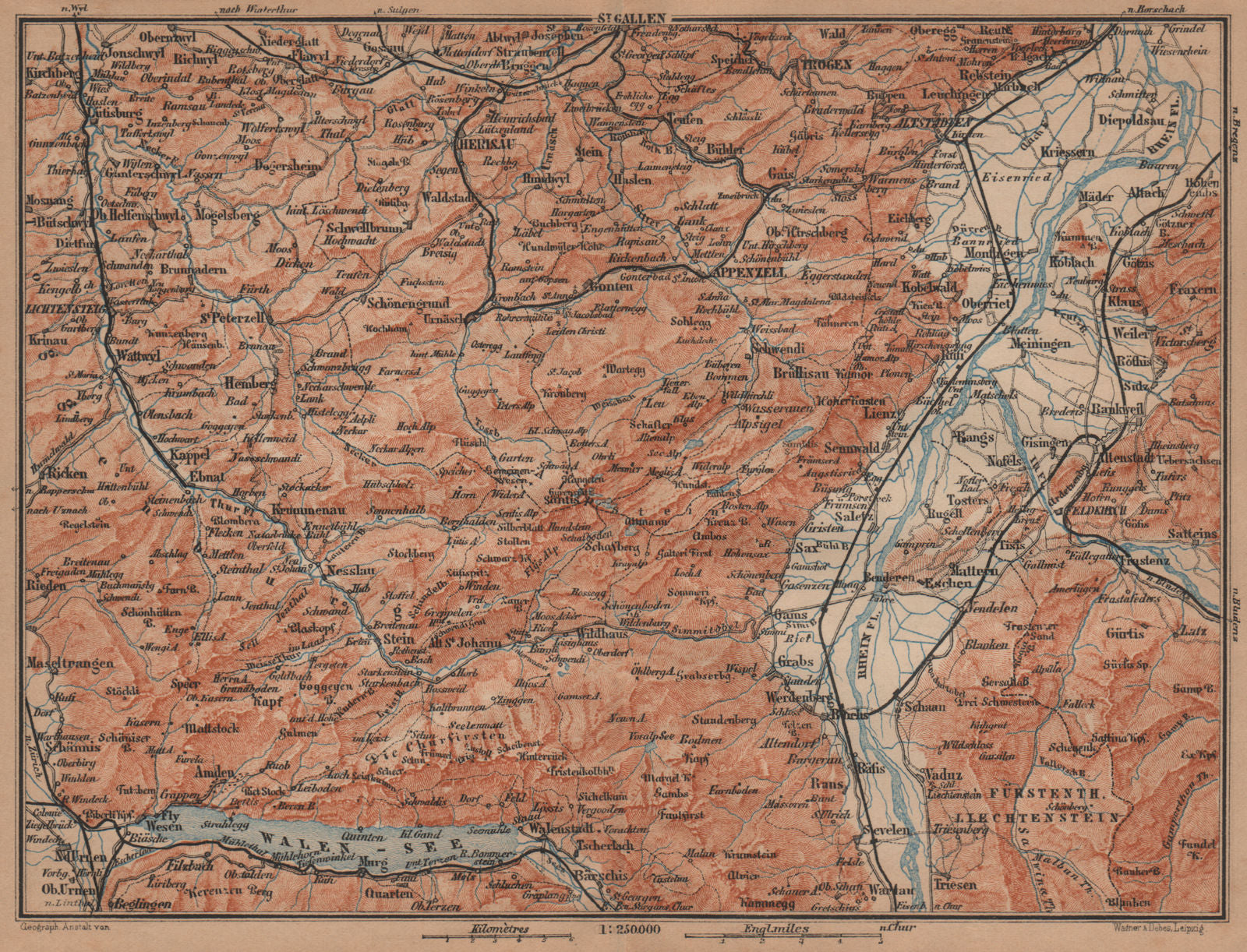APPENZELL CANTON. Wildhaus Unterwasser St. Gallen Trogen Walensee 1905 old map
